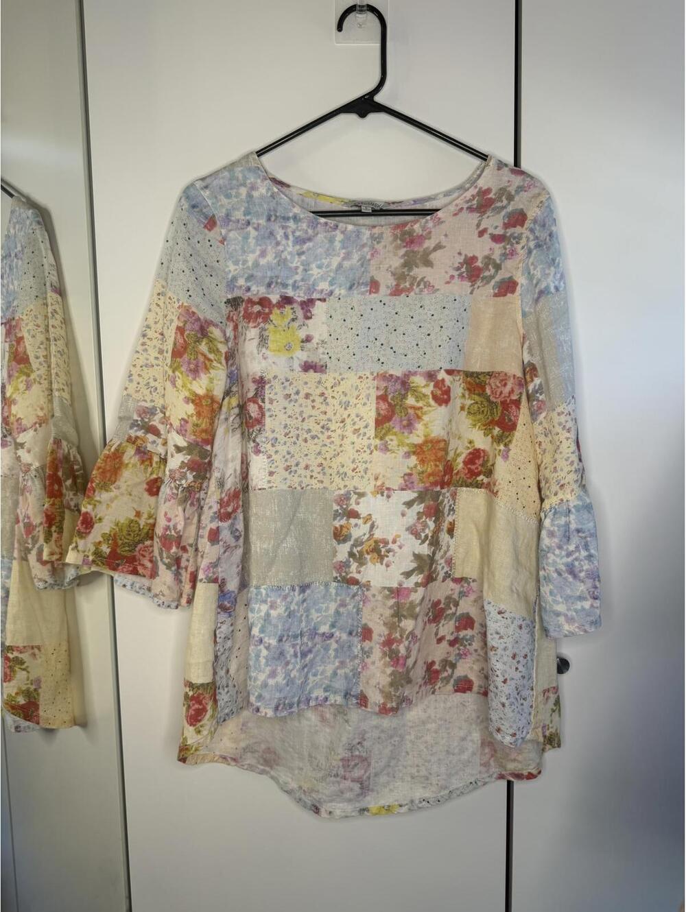 100% linen Patchwork Floral Bell Sleeve Tunic Top